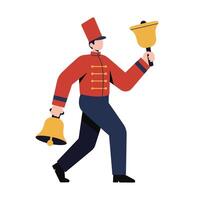 Cheerful bell ringer in red uniform performing dynamic action in flat art vector