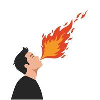 Man breathing fire in a dynamic pose with vibrant flames in flat illustration vector