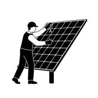 Worker installing solar panel on rooftop in flat minimal art vector
