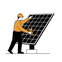 Technician adjusting solar panel in flat style art vector