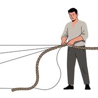 Person skillfully tying rope with hands in flat art style vector