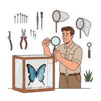 Man examining butterfly specimen with tools in flat art vector