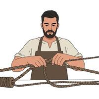 Craftsman skillfully tying knots in rope with minimal style art vector