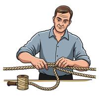 Man skillfully tying ropes in a flat and detailed illustration vector