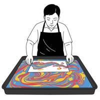 Artist creating colorful marbled paper using swirling paint in flat illustration vector