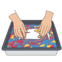Hands creating marbled paper in colorful water with flat art style illustration vector