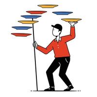 Juggling performer balancing colorful plates in flat illustration style vector