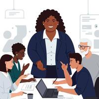 Group of professionals collaborating in a meeting with a confident leader in flat art vector