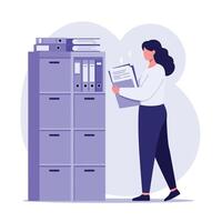 Office worker organizing files in a flat illustration with a filing cabinet and documents vector
