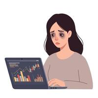Woman with tired expression working on laptop showing financial graphs in flat art vector
