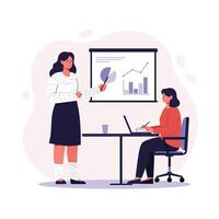 Business presentation scene with woman explaining data in flat art vector
