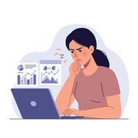 Woman analyzing data on laptop with stressed expression in flat art vector