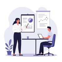 Business presentation scene with flat design elements featuring two professionals in art vector