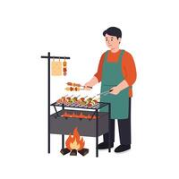 Grilling meat and vegetables on barbecue grill in flat art style vector