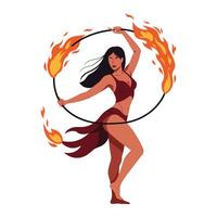 Fire dancer performing with flames in a dynamic pose flat illustration vector