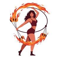 Woman performing fire dance with flames in a dynamic pose flat art vector