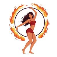 Fire dancer performing with flaming hoop in flat illustration style vector