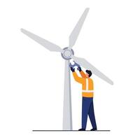 Worker maintaining wind turbine in flat, minimal style illustration vector