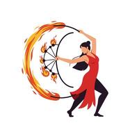 Fire performer in motion with vibrant flames in dynamic flat illustration vector