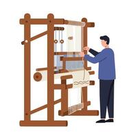 Weaver creating fabric on a loom with flat design art vector