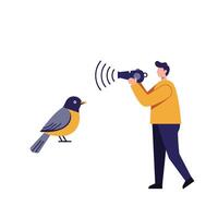 Person photographing a bird using a camera in flat art vector