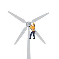 Wind turbine technician performing maintenance on clean energy source in flat art vector