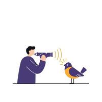 Birdwatcher using binoculars observing a colorful bird in flat art vector