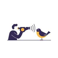 Person using a device to observe a bird in flat illustration vector