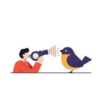 Person using a device to communicate with a colorful bird in flat art vector