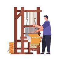Weaver crafting textiles with loom in flat design art vector