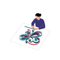 Artist creating intricate patterned design with vibrant colors in flat illustration vector