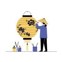 Lantern painting process with artist in flat minimal illustration vector