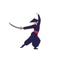 Dynamic samurai character in action pose with flat design style art vector