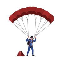 Skydiver landing with parachute in flat art style illustration vector