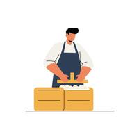 Baker preparing dough with rolling pin in flat and minimal art vector