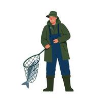 Fisherman holding a net in flat style illustration vector