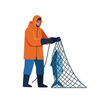 Fisherman in Orange Jacket Catching Fish with Net in Flat Art vector