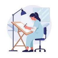 Artist sketching designs at drafting table in flat art style vector