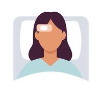 Patient resting in bed with a bandage on forehead flat illustration vector