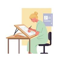 Creative designer working at drafting table in flat minimal art vector