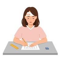 Focused student with a bandage drawing on paper in flat art vector