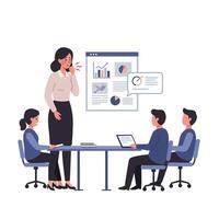 Business meeting scene with four people discussing data in flat art vector