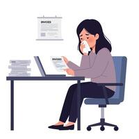 Woman working at desk with invoices in flat illustration style vector