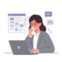 Emotional woman at computer expressing sadness in flat art vector
