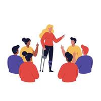 Engaging group discussion with leader pointing, flat illustration of diverse participants vector