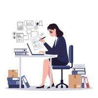 Businesswoman working at desk with documents and digital graphs in flat art vector