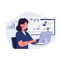 Person working on computer with charts in flat illustration vector