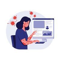Woman working on computer in flat design style with virus elements illustration vector