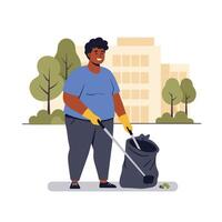 Person cleaning up trash in urban environment using flat illustration style vector