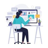Woman using computer to analyze data in flat illustration vector